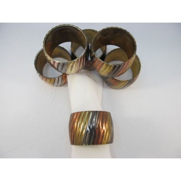 Vintage Brass Copper Silver Ribbed Napkin Ring Holders Set of 6 - Picture 12 of 13